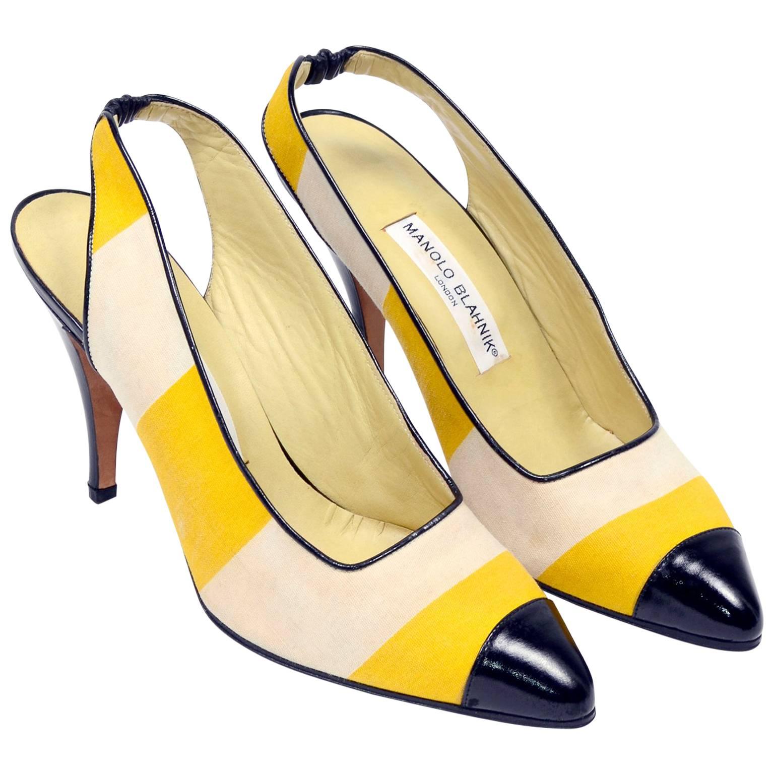 Manolo Blahnik Yellow and Cream Stripe Black Patent Leather Heeled Shoes, 1980s