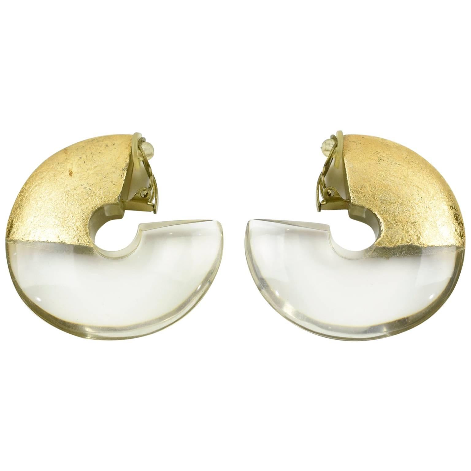 Gerda Lyngaard for Monies Oversized Hoop Clip on Earrings Clear Lucite Gold Foil