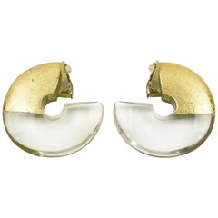 Retro Gerda Lyngaard for Monies Oversized Hoop Clip on Earrings Clear Lucite Gold Foil