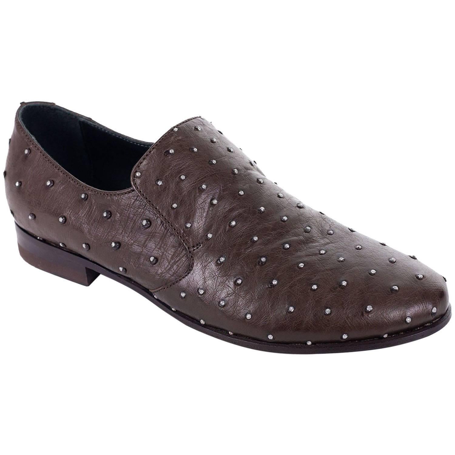 Brunello Cucinelli Dark Brown Leather Stone Studded Slip On Shoes For Sale