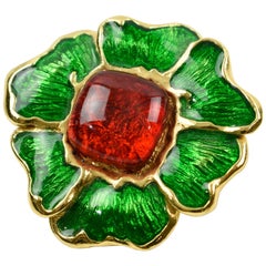 Yves Saint Laurent YSL Signed Flower Pin Brooch Enamel and Gripoix Cabochon