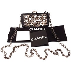 Chanel Black Leather Metal Enhanced Mini Bag with Long Chain Shoulder Strap