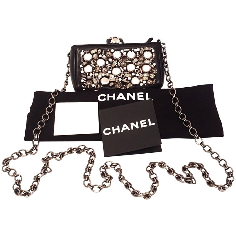 Chanel Black Leather Metal Enhanced Mini Bag with Long Chain Shoulder