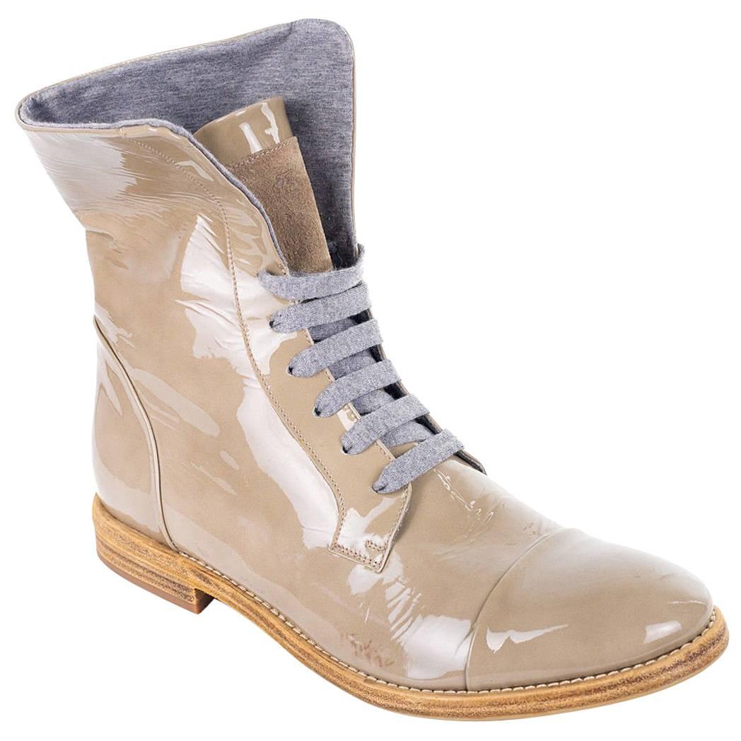 Brunello Cucinelli Grey Patent Leather Brogue Lace Up Boots For Sale