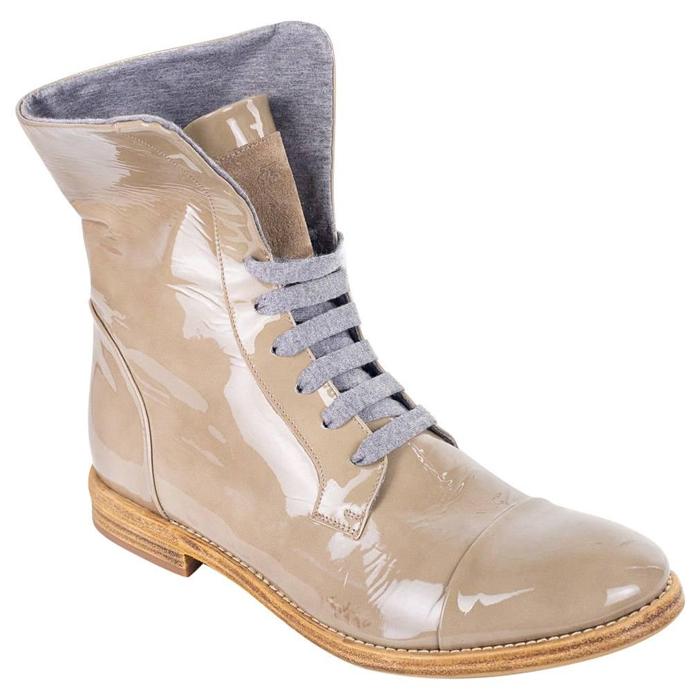 Brunello Cucinelli Grey Patent Leather Brogue Lace Up Boots  For Sale