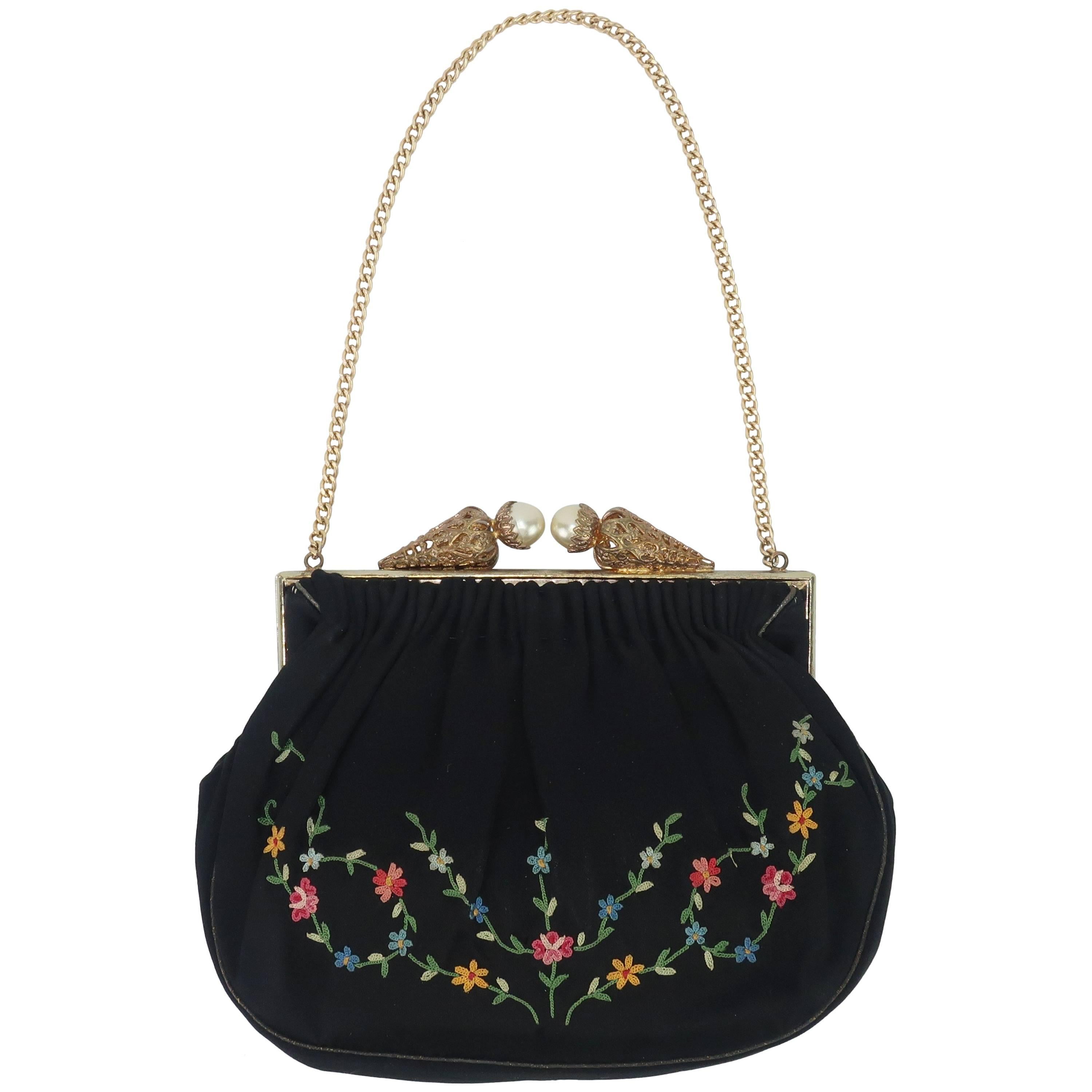 French 1950’s Black Satin Embroidered Evening Handbag