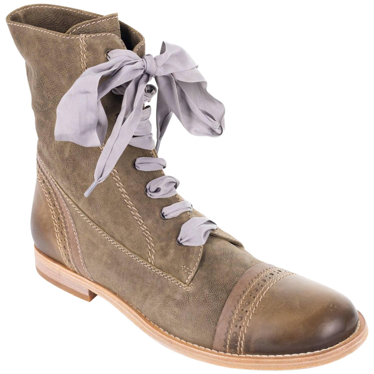 Brunello Cucinelli Grey Leather Brogue Fabric Lace Up Boots  For Sale