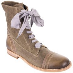 Brunello Cucinelli Grey Leather Brogue Fabric Lace Up Boots 