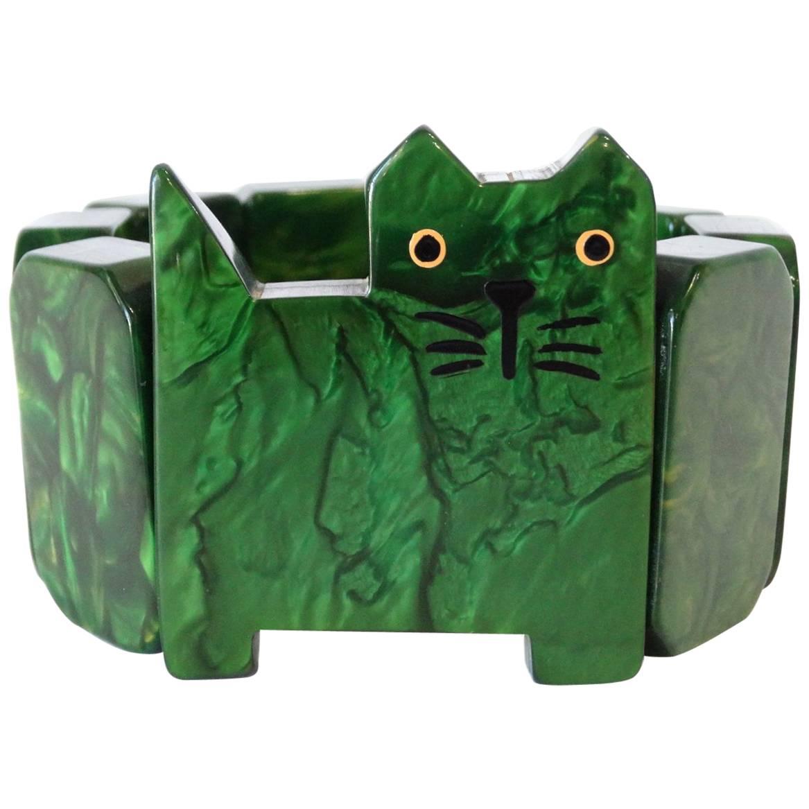 Marie Christine Pavone Green Marbled Cat Bakelite Bracelet