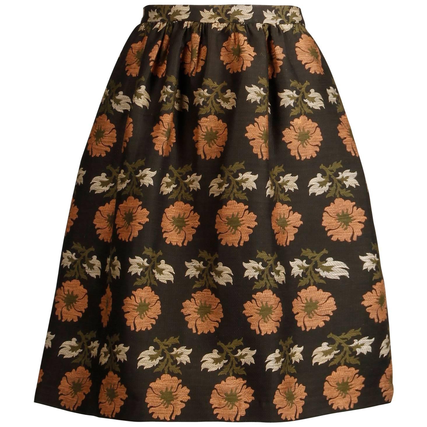 1960s Vintage Silk Jacquard Woven Floral Tapestry Skirt in Brown, Coral + Green