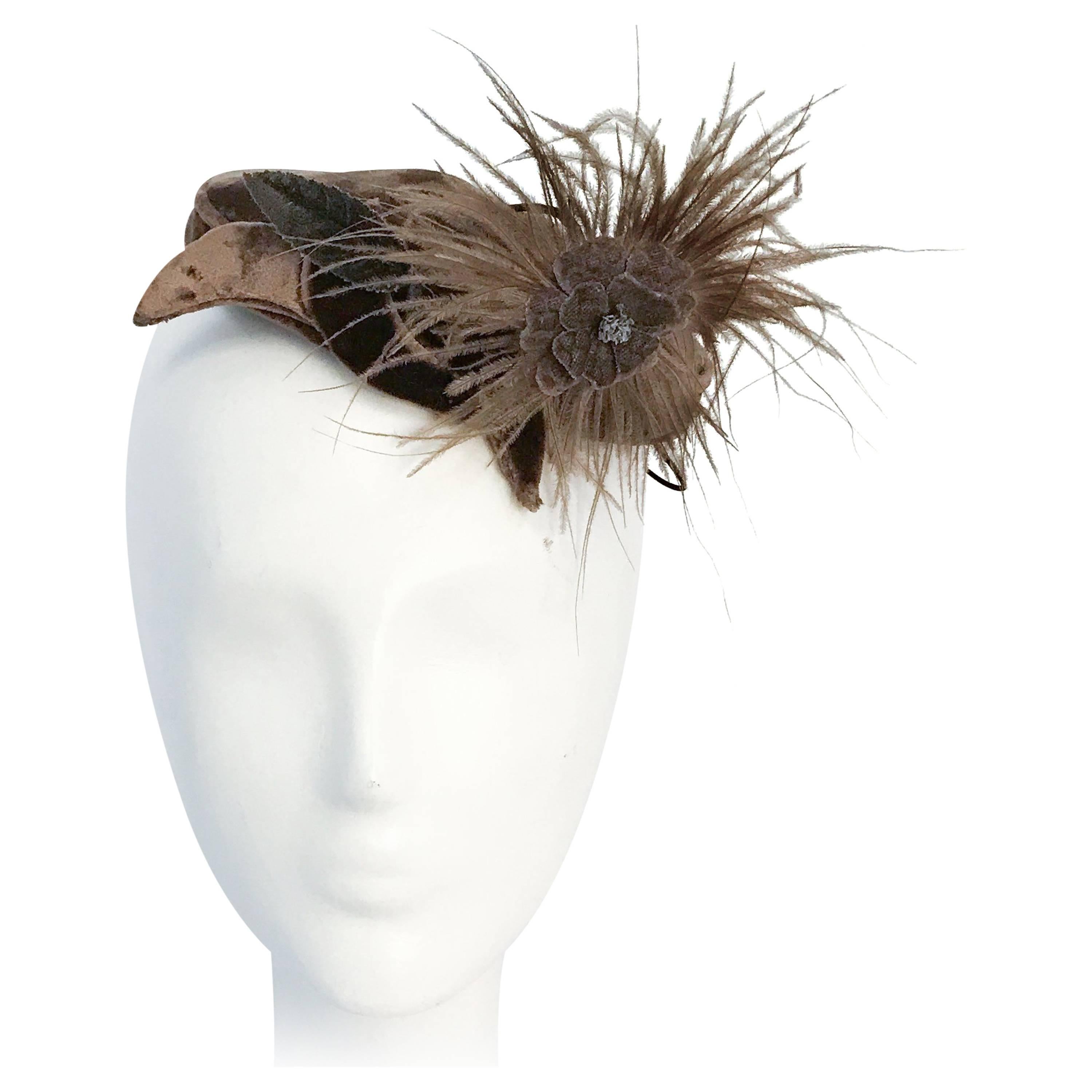 Tan Brown Gold Pheasant Feather Turban Headpiece Vtg Cloche 1940s Hat Hair 1341 