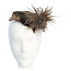Retro 1950s Taupe Rayon Velvet Hat with Feathered Flower