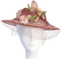 1940s Woven Coated Straw hat with Rust Trim and Velvet Fruit