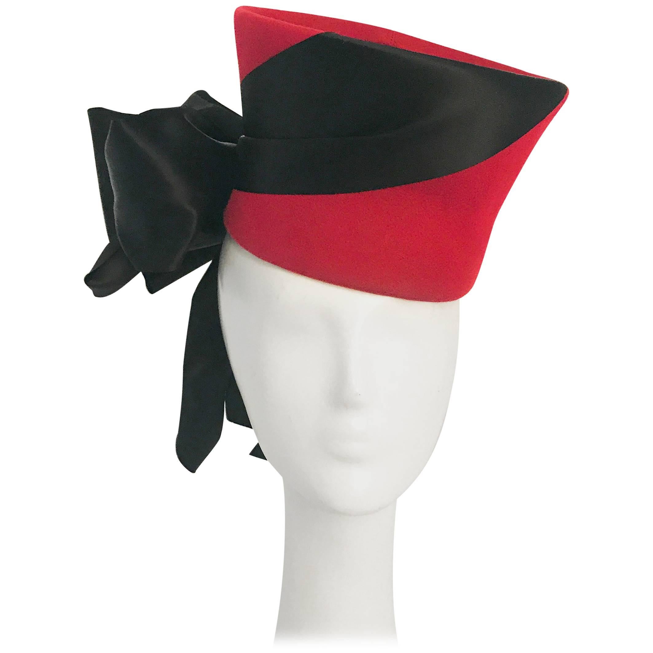 1940s Flora Weiler Rhubarb Red Tilt Hat with Satin Ribbon