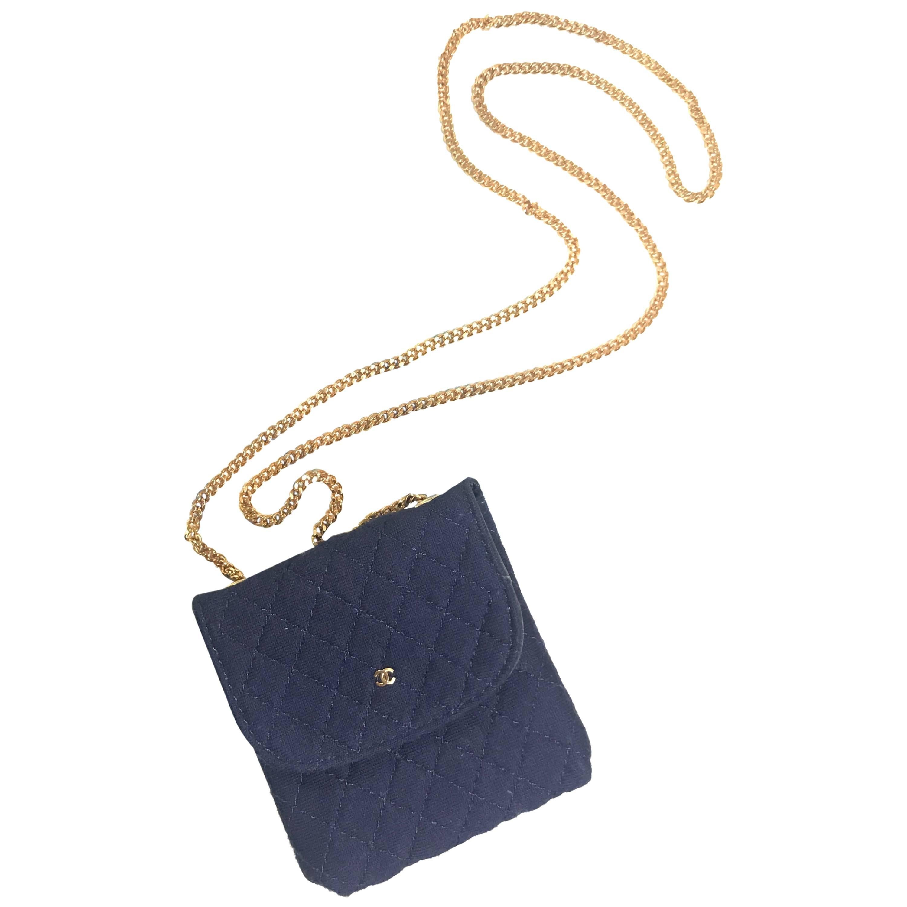 MINT. Vintage Chanel navy quilted jersey mini pouch, coin purse, long necklace.