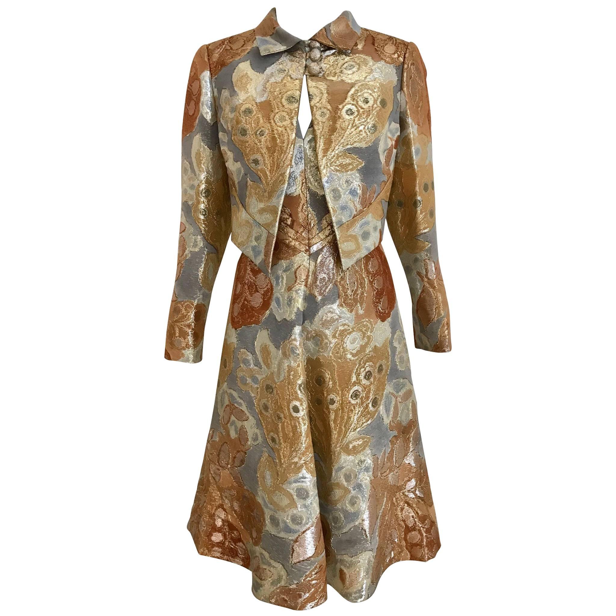 1970s Pauline Trigère Gold Metallic Brocade Dress Jacket Set For Sale