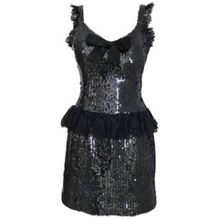 1980s Chanel Navy Blue Sequin Cocktail Dress