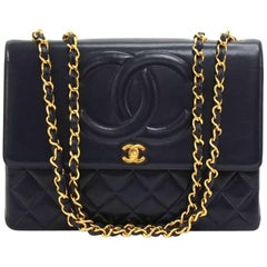  Vintage Chanel 13” Jumbo Navy Lambskin Leather Shoulder Classic Flap Bag 