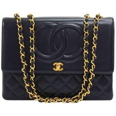 Vintage Chanel 13” Jumbo Navy Lambskin Leather Shoulder Classic Flap Bag