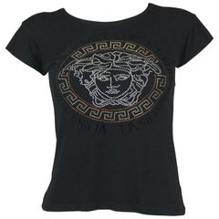 Versace Medusa Embellished and Flocked Black T-shirt, c. 2000's, Size M