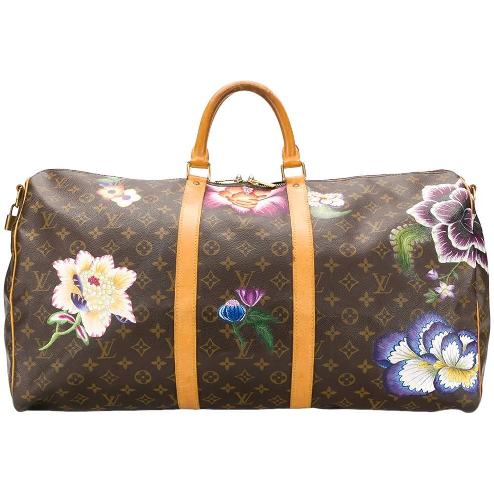 Customized "Flowers" Louis Vuitton Monogram Keepall Bag 