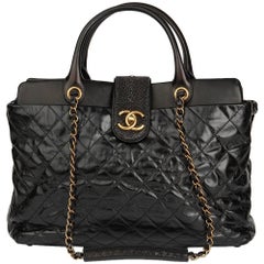 2012 Chanel Black Calfskin Leather, Lambskin & Stingray Large Bindi CC Tote 