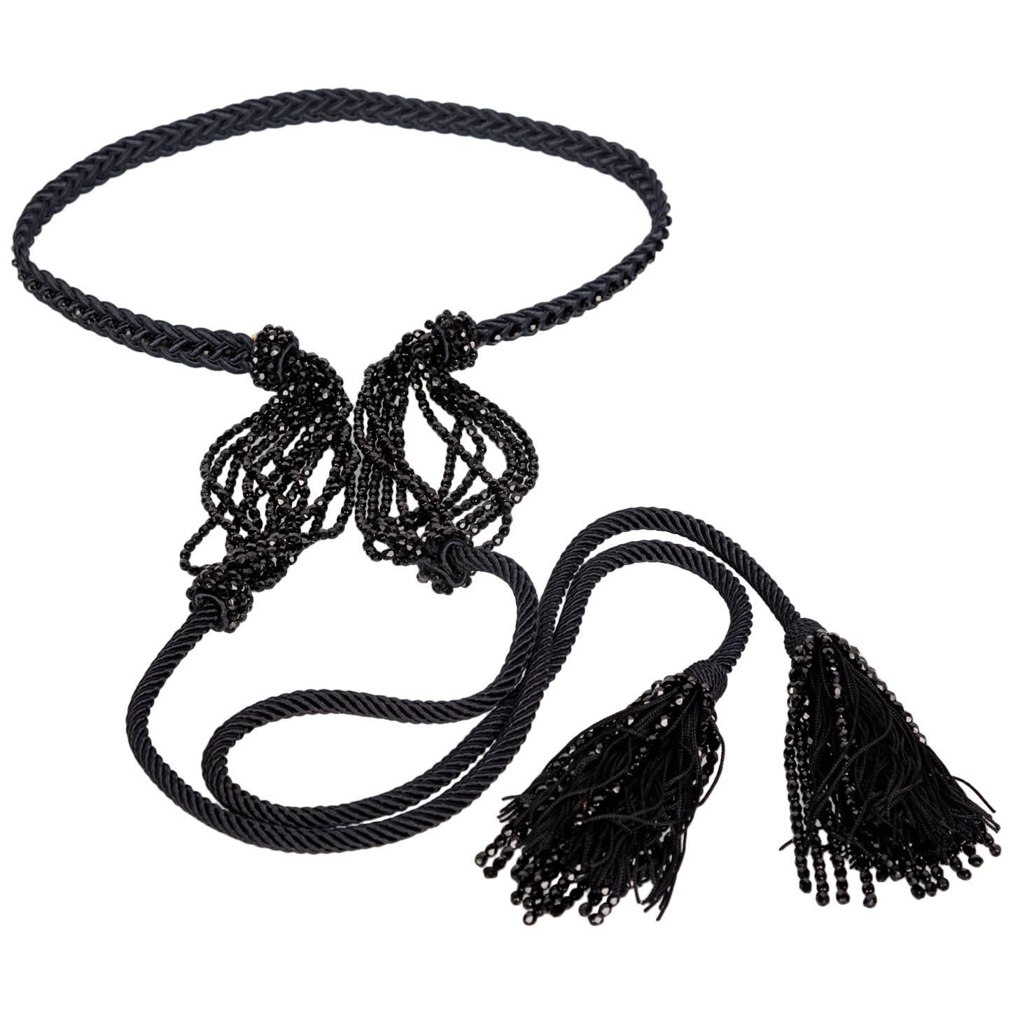 Yves Saint Laurent YSL Black Beaded Rope and Tassel Necklace Belt, 1990s  For Sale
