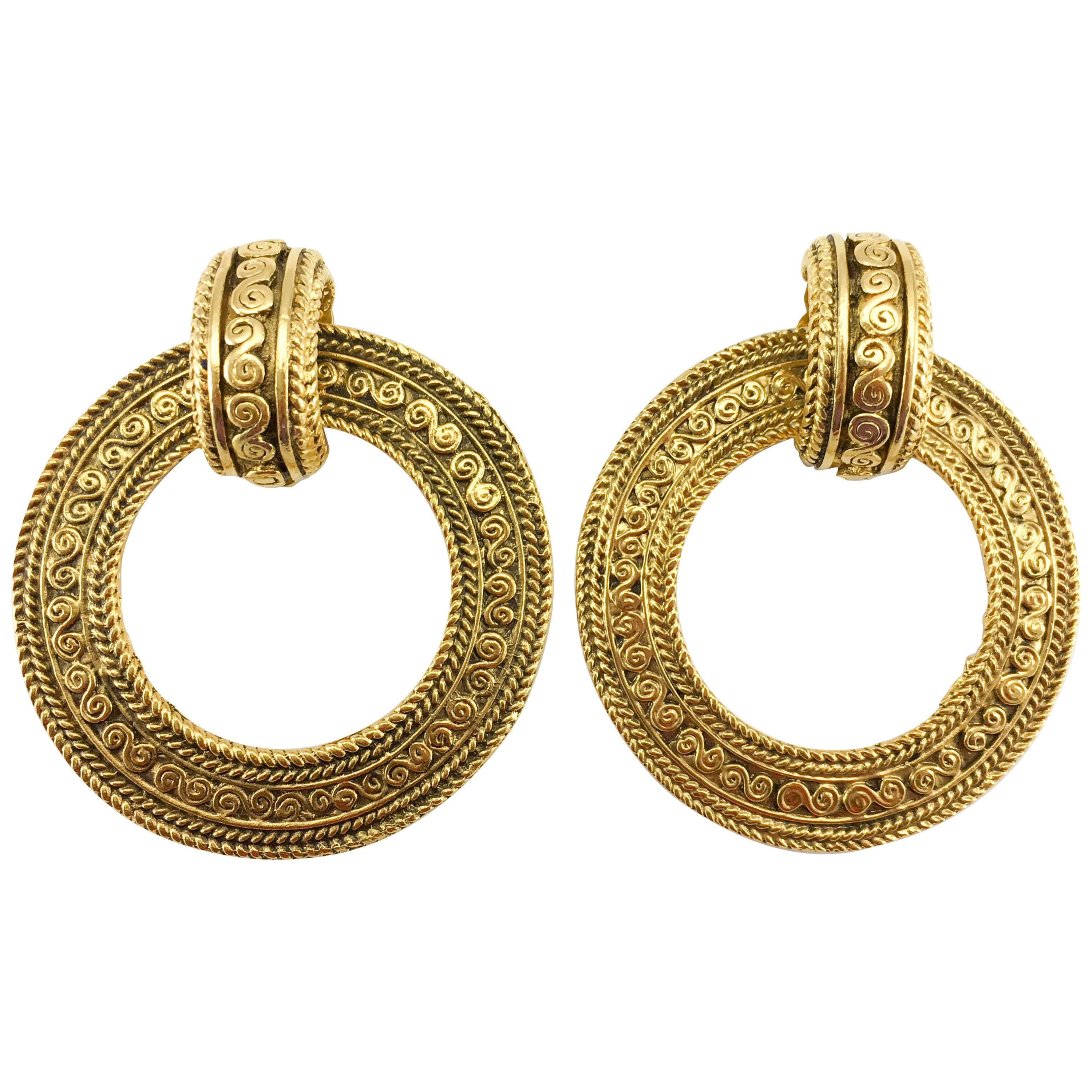 Chanel Large Baroque-Inspired Gold-Plated Hoop Earrings, 1980s 