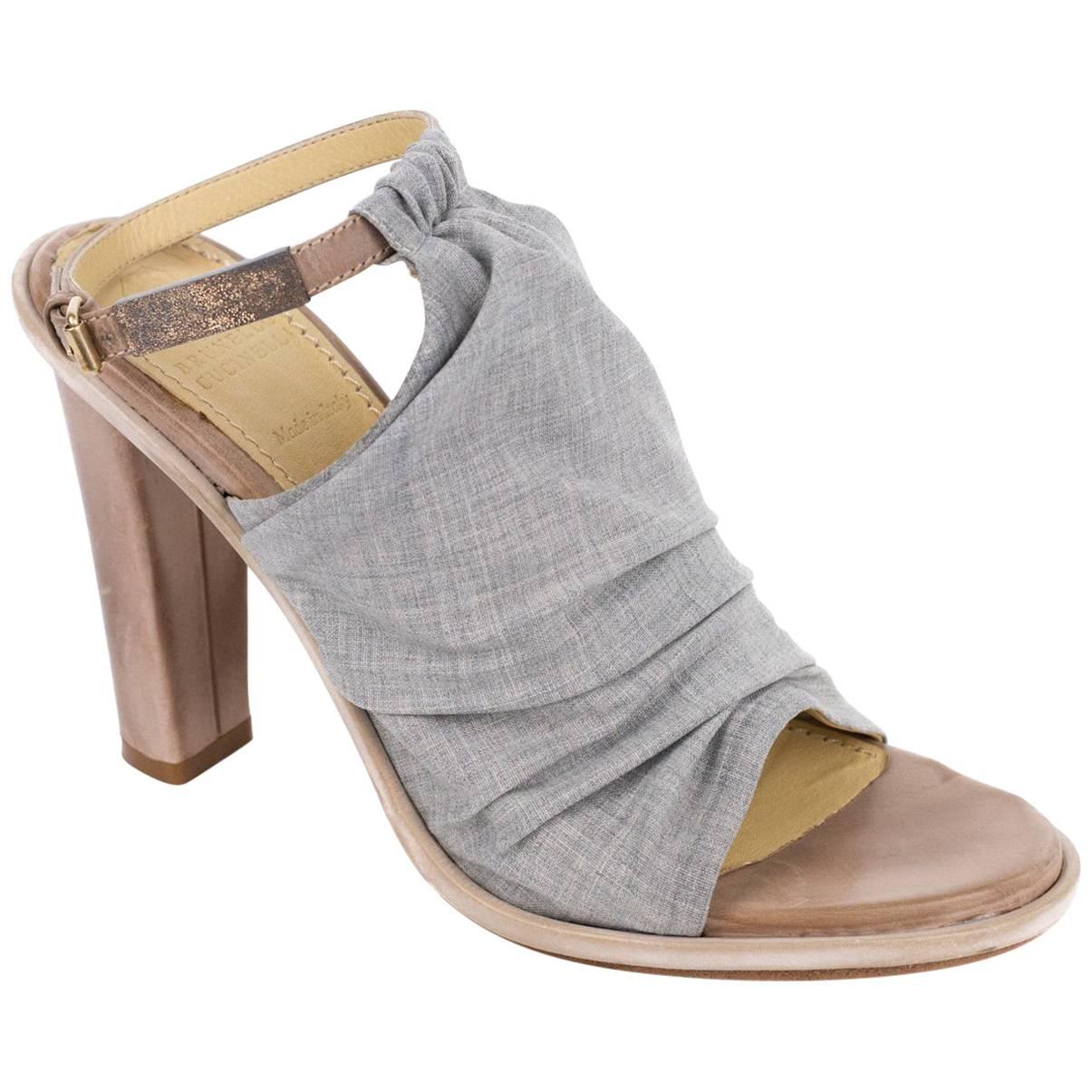 Brunello Cucinelli Grey Ruched Fabric Peep Toe Mule Heels For Sale