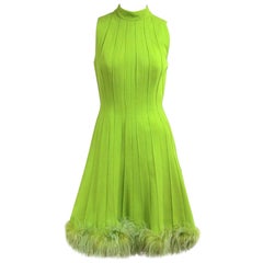  1960s Green Knit Ostrich Feather Dress Joseph Magnin