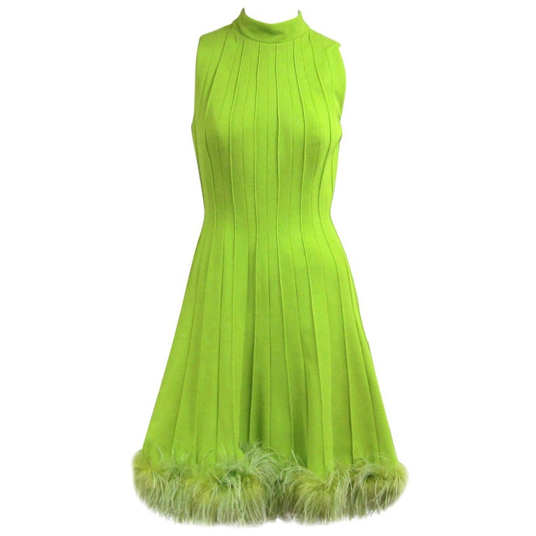  1960s Green Knit Ostrich Feather Dress Joseph Magnin For Sale