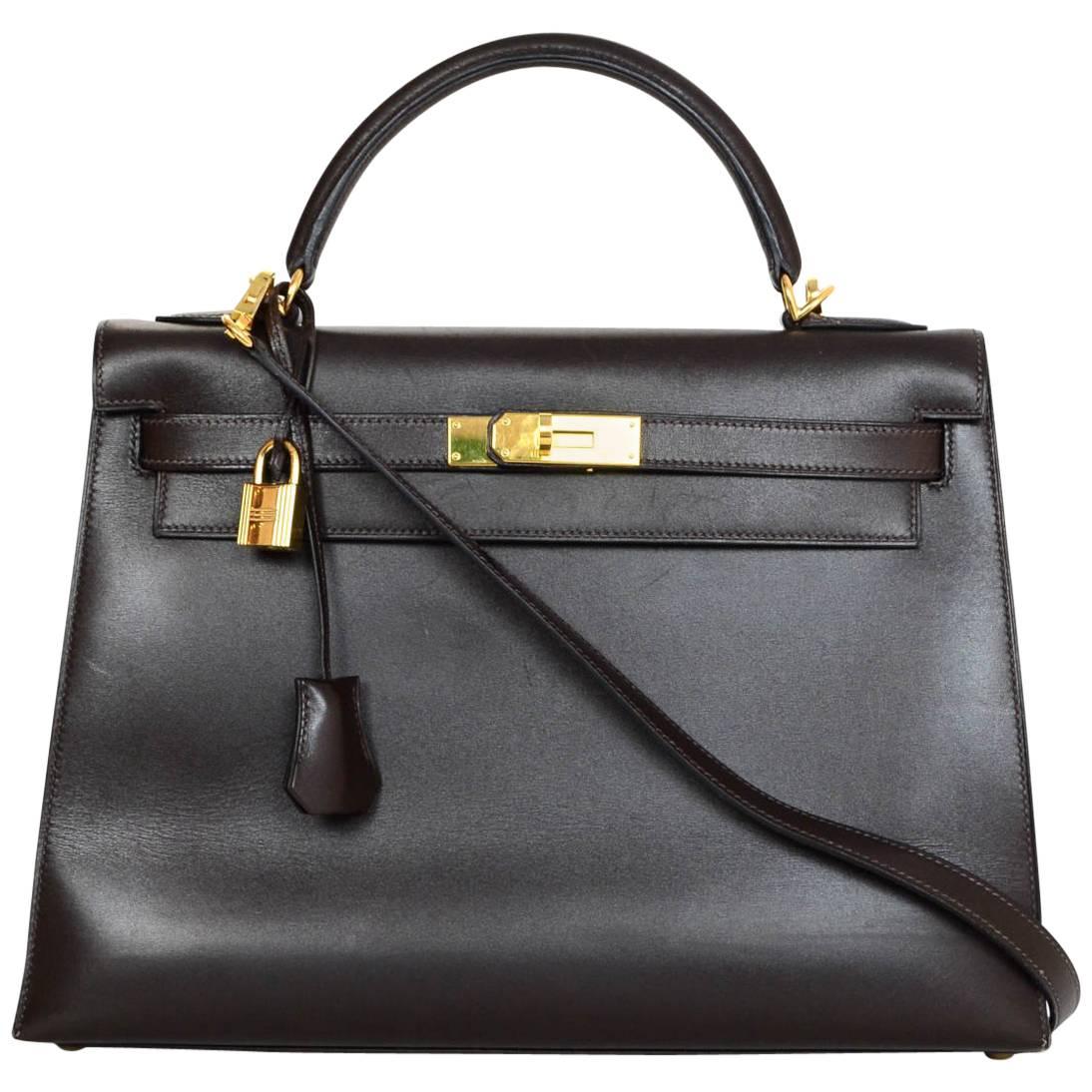 Hermes Brown Box Leather Sellier Rigid 32cm Kelly Bag w. Strap