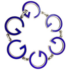 Vintage Gucci Silver and Blue Enamel Logo Bracelet, 1970s 