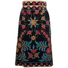 Emilio Pucci Vintage Velvet Floral Black and Multicolor Print Skirt, 1960s  