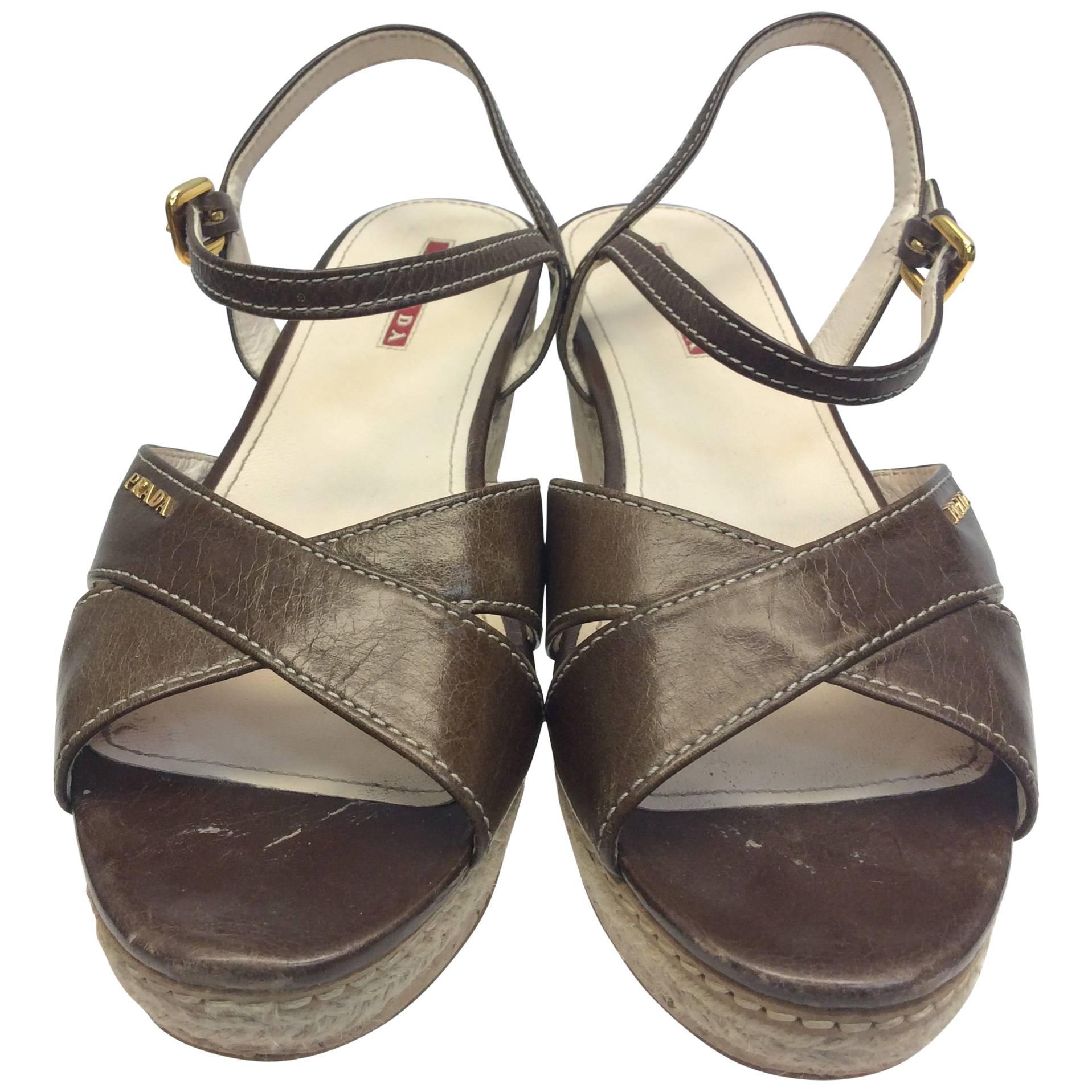 Prada Brown Leather Wedge Sandal For Sale