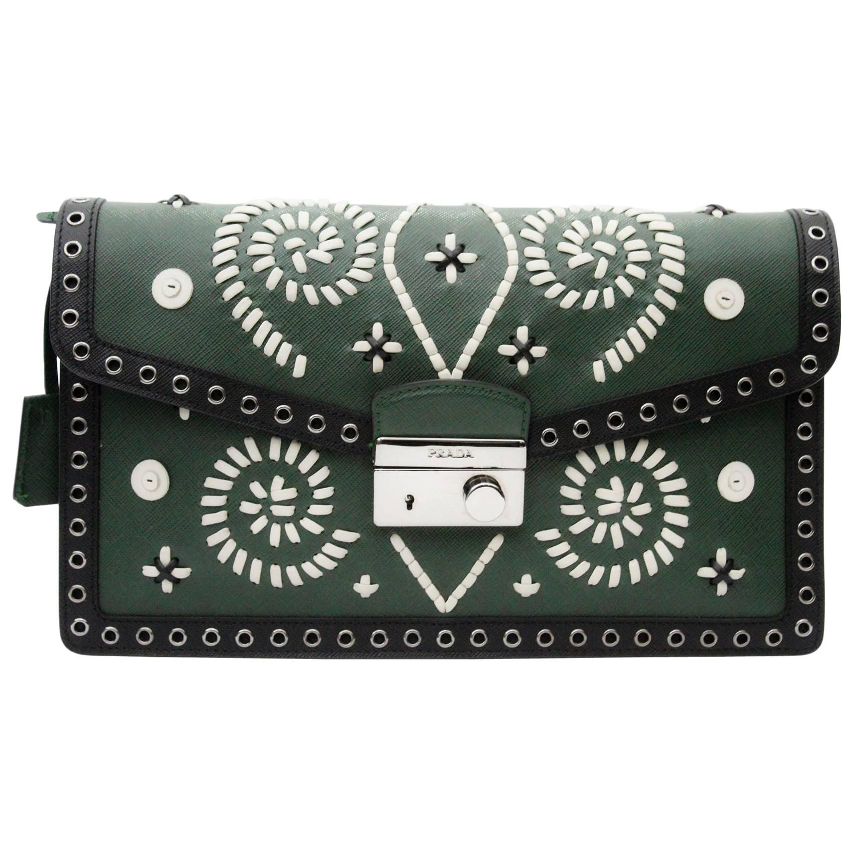 Prada Embroidered Green Saffiano Leather Clutch Bag