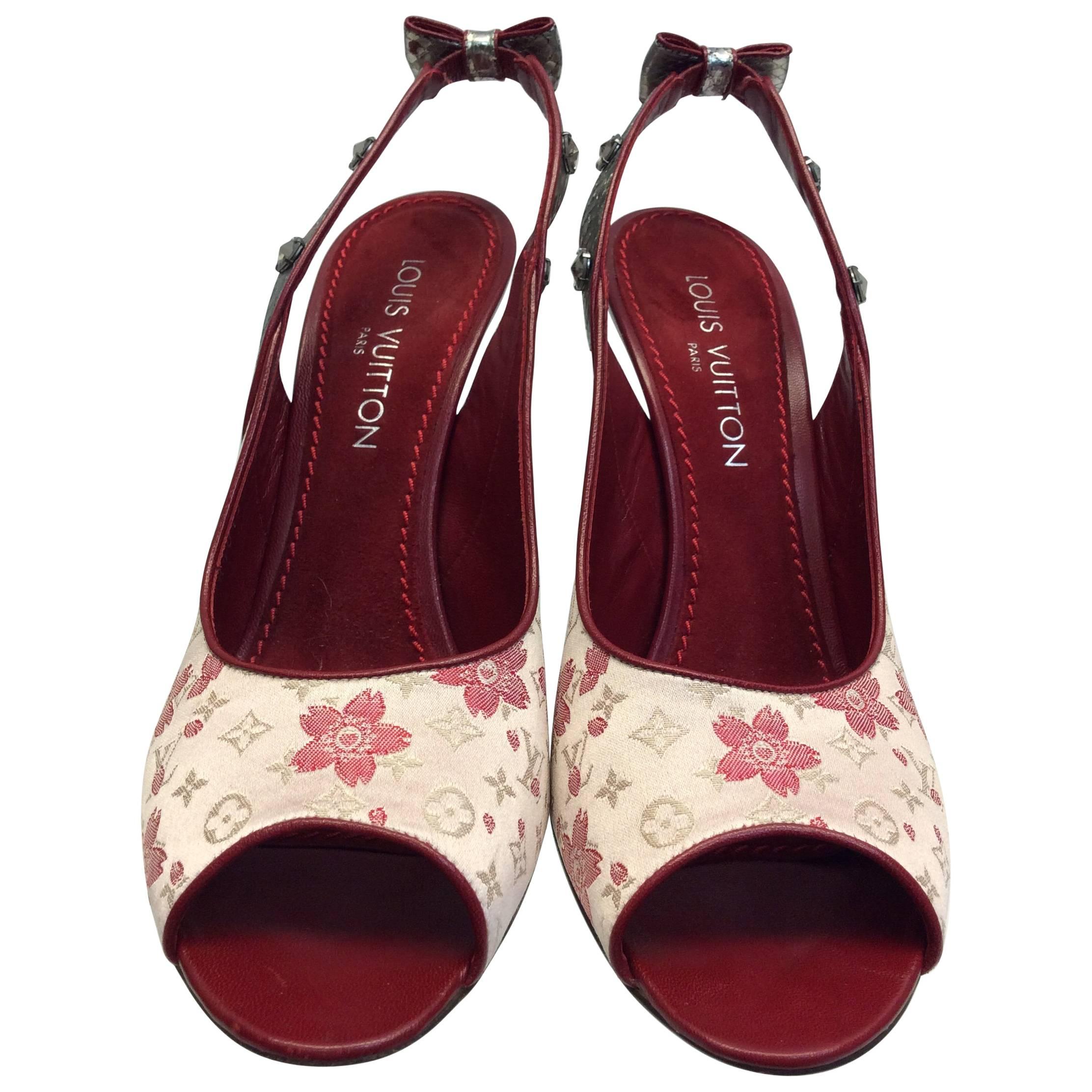 Louis Vuitton Red and Pink Floral Peep Toe Heel For Sale