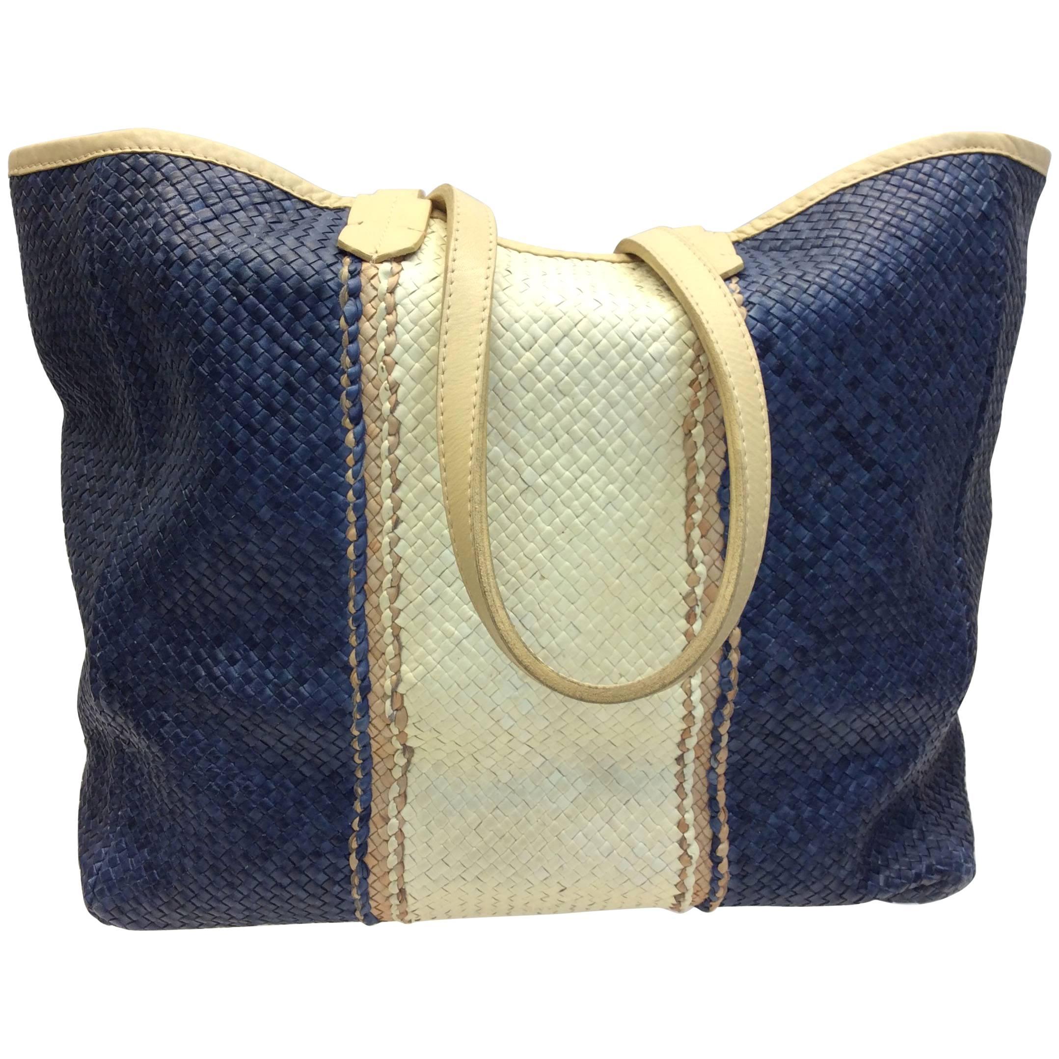 Lance Woven Leather Blue and White Tote For Sale