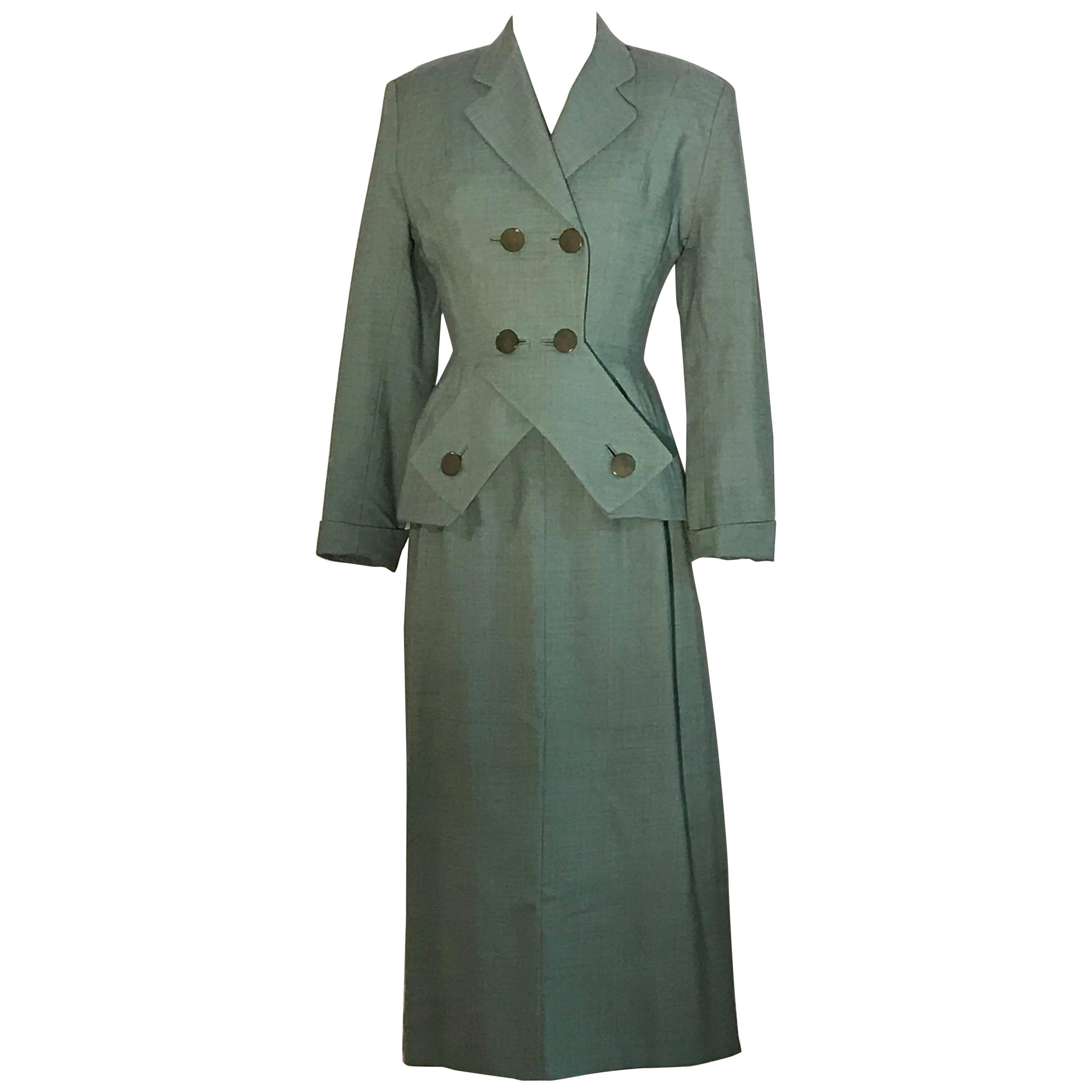 Schiaparelli Green Jacket and Skirt Suit Set with Crossover Detail, circa 1950