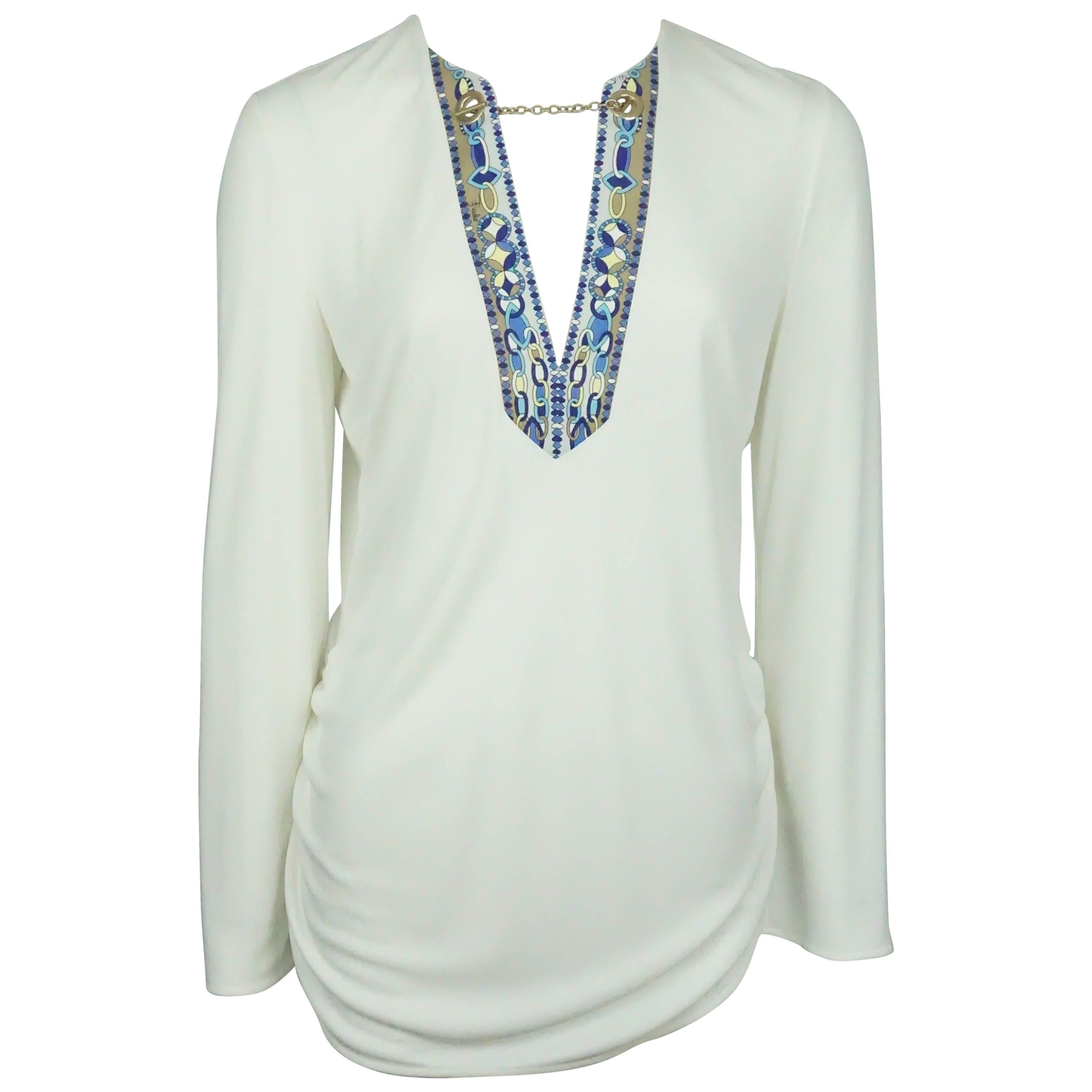 Emilio Pucci Ivory Silk L/S Top w/ Blue Print and Chain Detail - 40