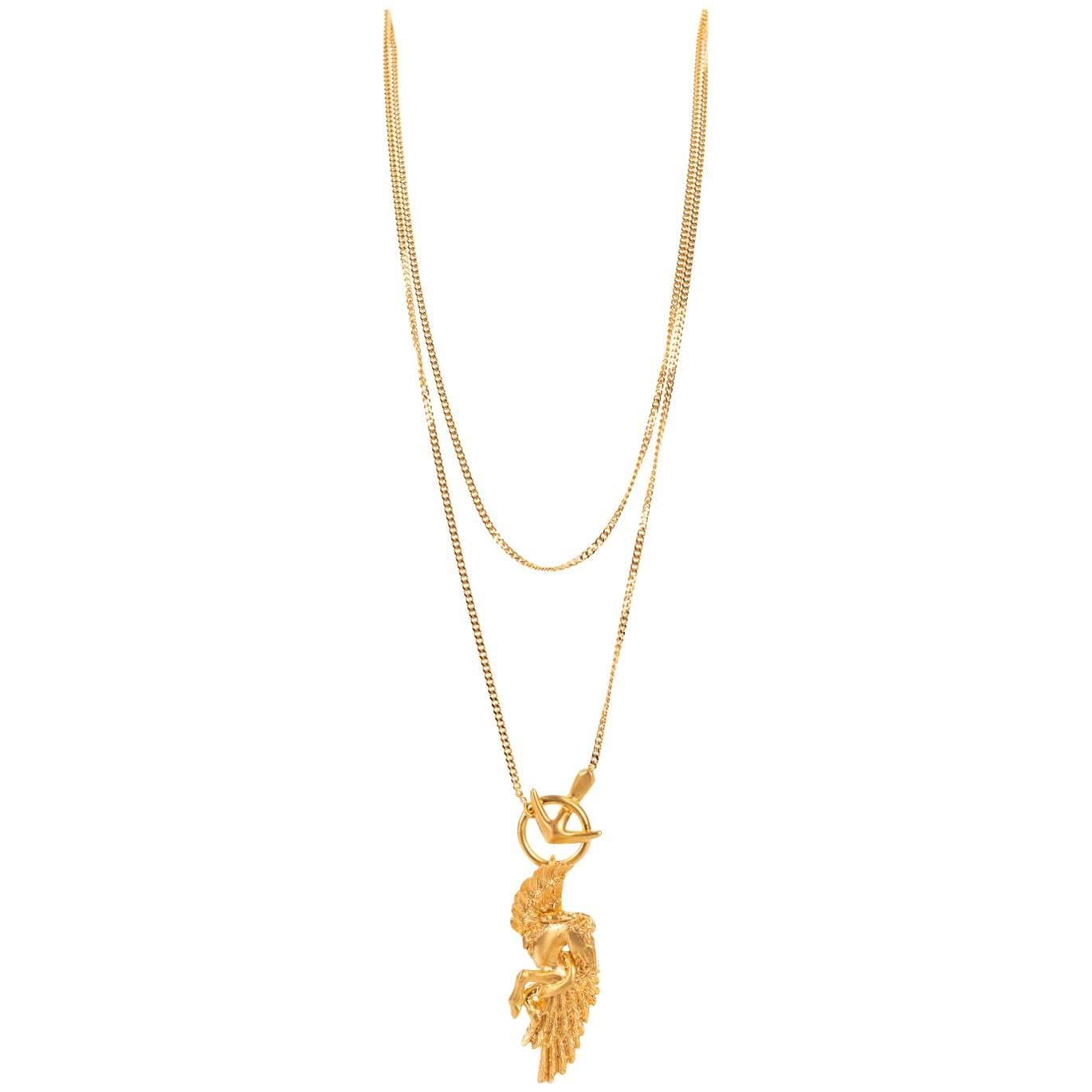 Roberto Cavalli Womens Brass gold Pegasus Wings Horse Pendant Necklace For Sale