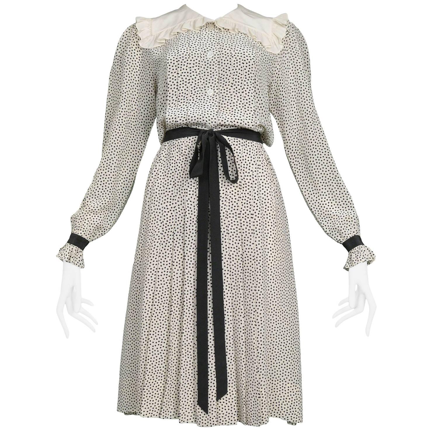 Vintage Yves Saint Laurent Polka Dot Ruffle Day Dress