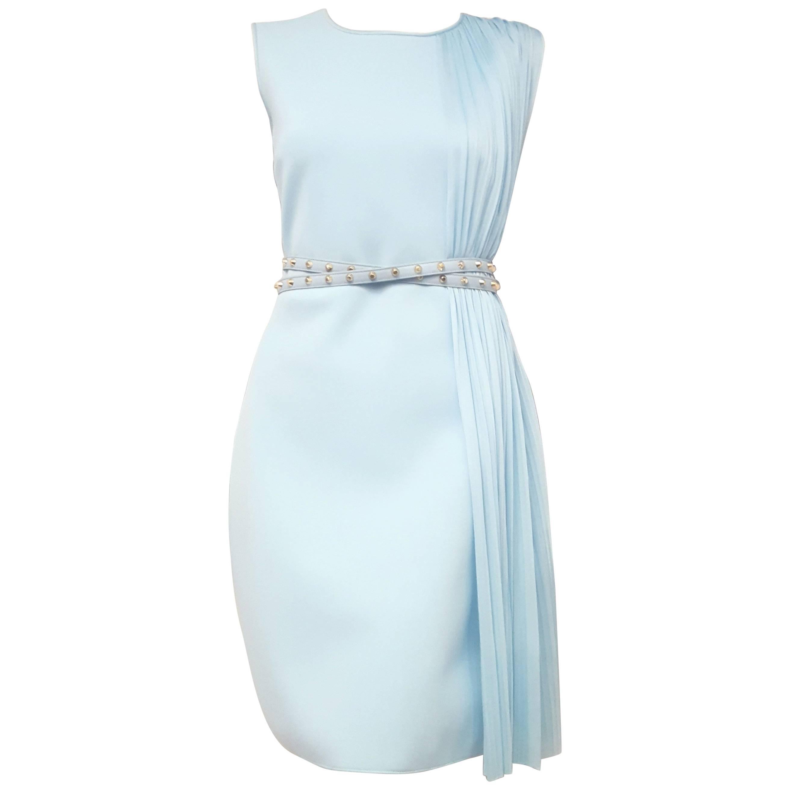 Versace Aqua Side Pleated Sleeveless Dress with Adjustable Studded Leather Belt