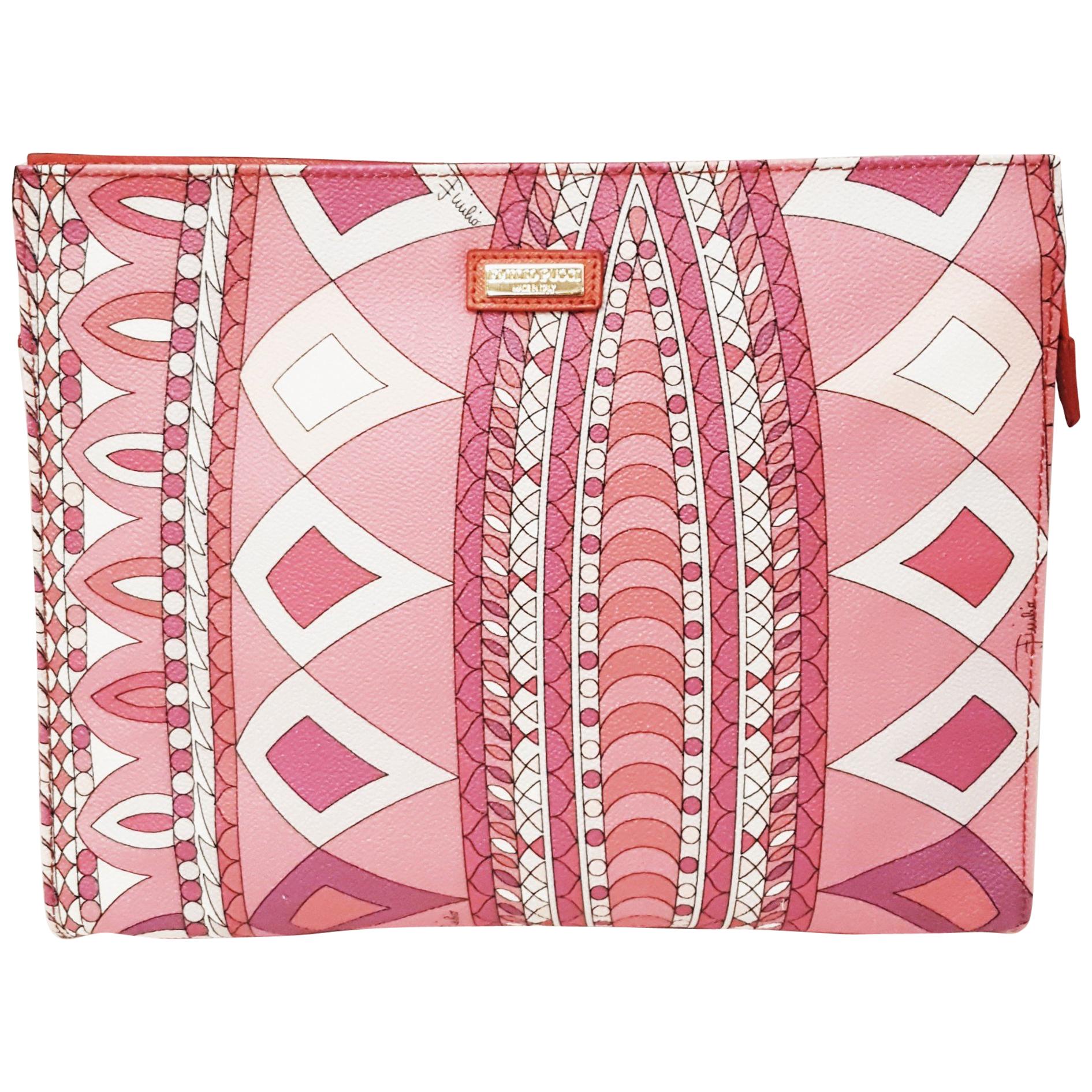 Emilio Pucci Pink Geometric Print  Design Clutch Bag with Top Zippered Closure