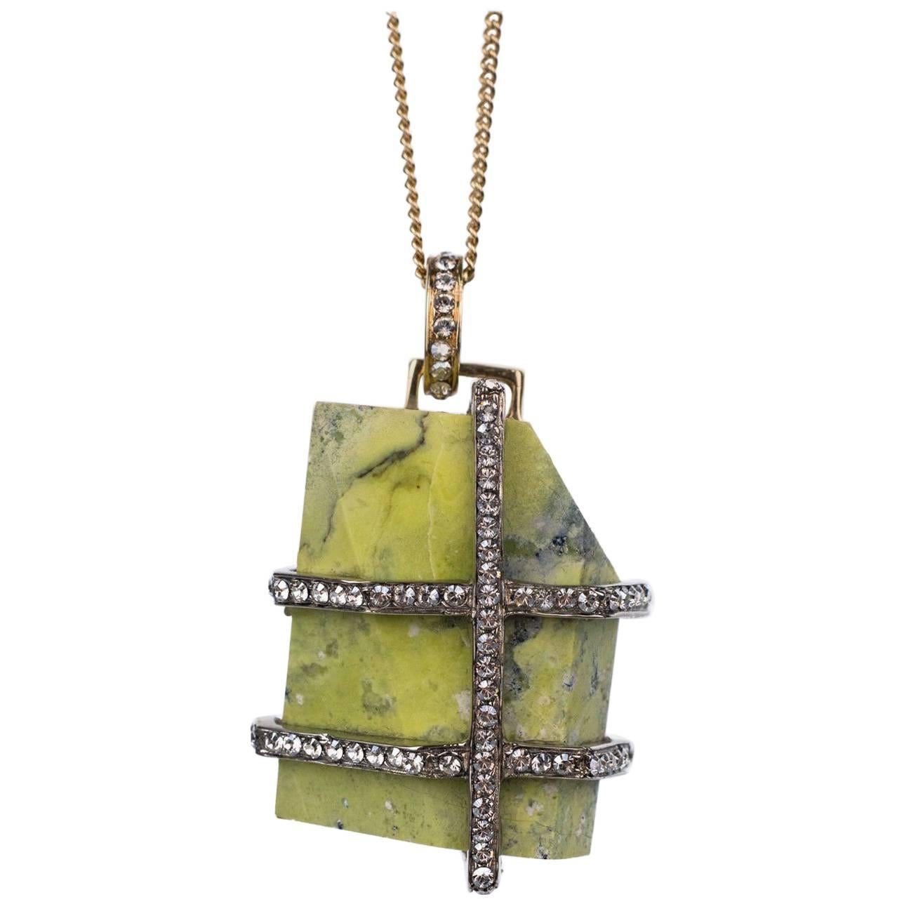 Roberto Cavalli Green Chiseled Marble Swavorski Gold Chain Necklace  For Sale