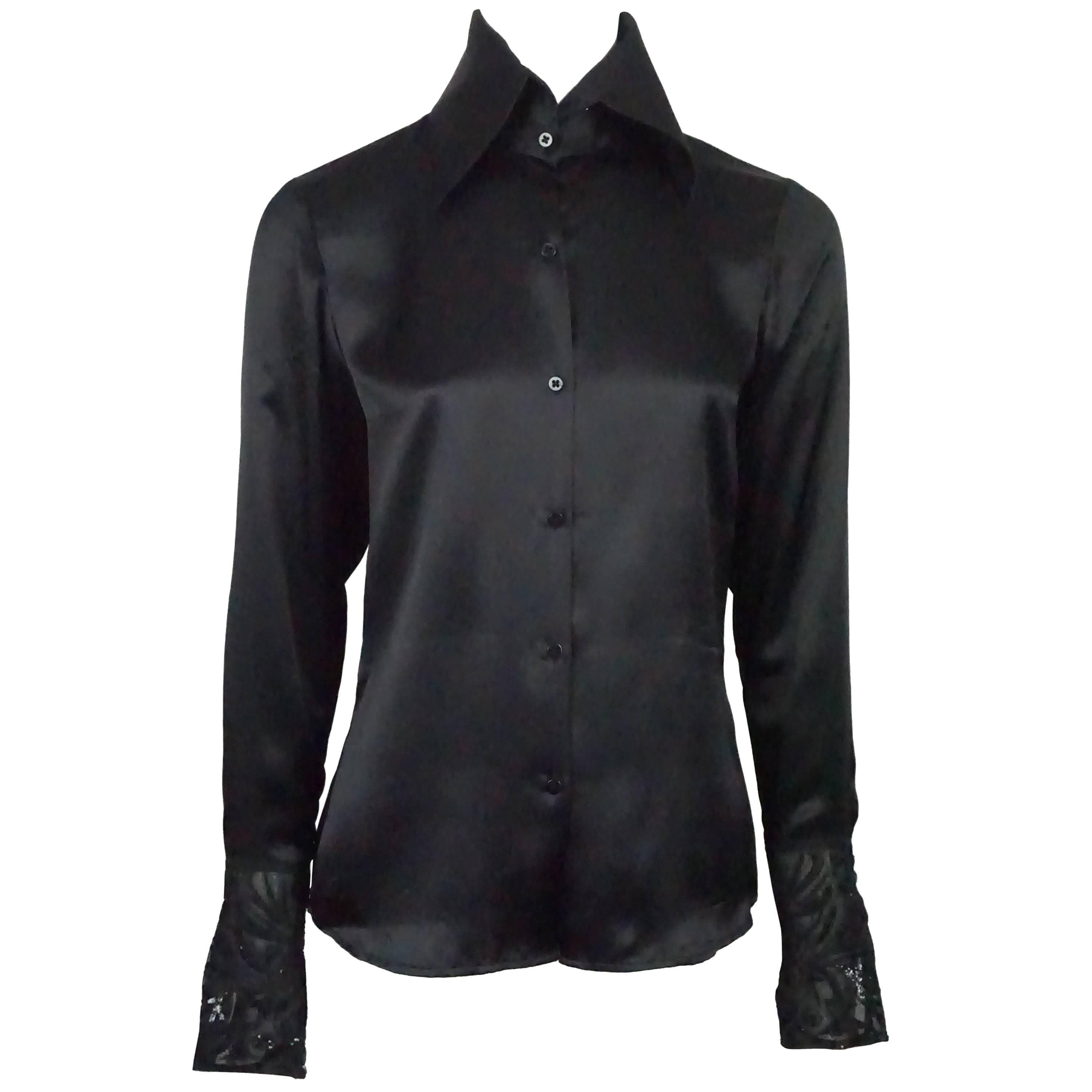 Ralph Lauren Black Label Black Silk Shirt w/ Embroidered/Sequin French Cuffs - 6 For Sale