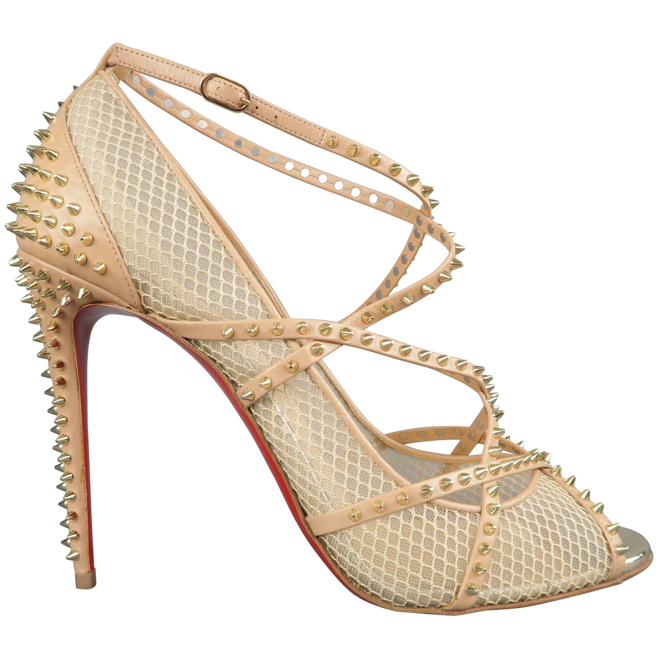 CHRISTIAN LOUBOUTIN Size 12 Beige Spiked Leather & Mesh ALARC Sandals