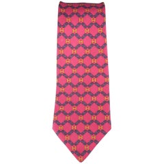 Men's HERMES Raspberry Red Navy Chain & Yellow H Print Silk Tie