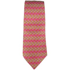 Men's HERMES Raspberry Red & Gold Chevron Horseshoe Print Silk Tie