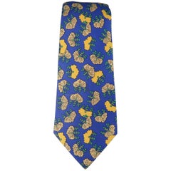 Men's HERMES Blue & Yellow Leaves Print Silk Tie